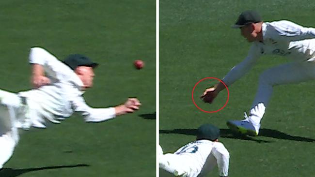 Nathan McSweeney and Marnus Labuschagne combine for a staggering catch.