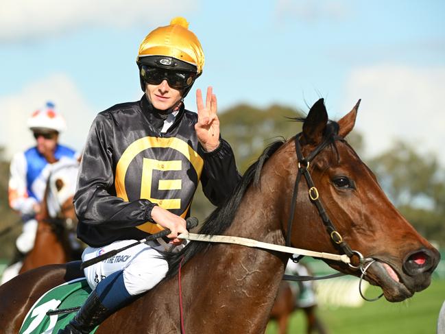 MELBOURNE, AUSTRALIA - JUNE 15: Ethan Brown riding Miss Roumbini after winning Race 4, the Evergreen Turf Handicap - Betting Odds during Melbourne Racing at Sandown on June 15, 2024 in Melbourne, Australia. (Photo by Vince Caligiuri/Getty Images)