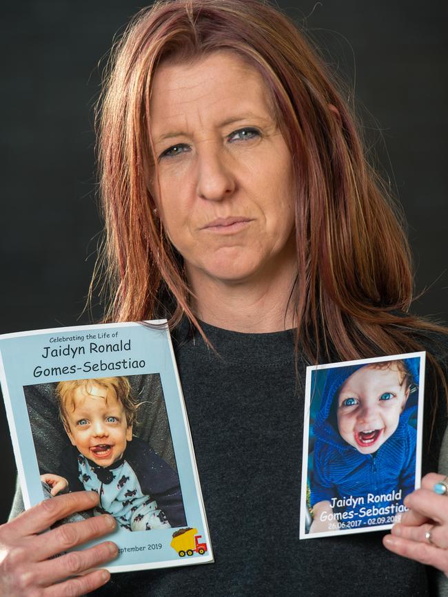 Stacie Saggers with photos of her son, Jaidyn. Picture Jay Town