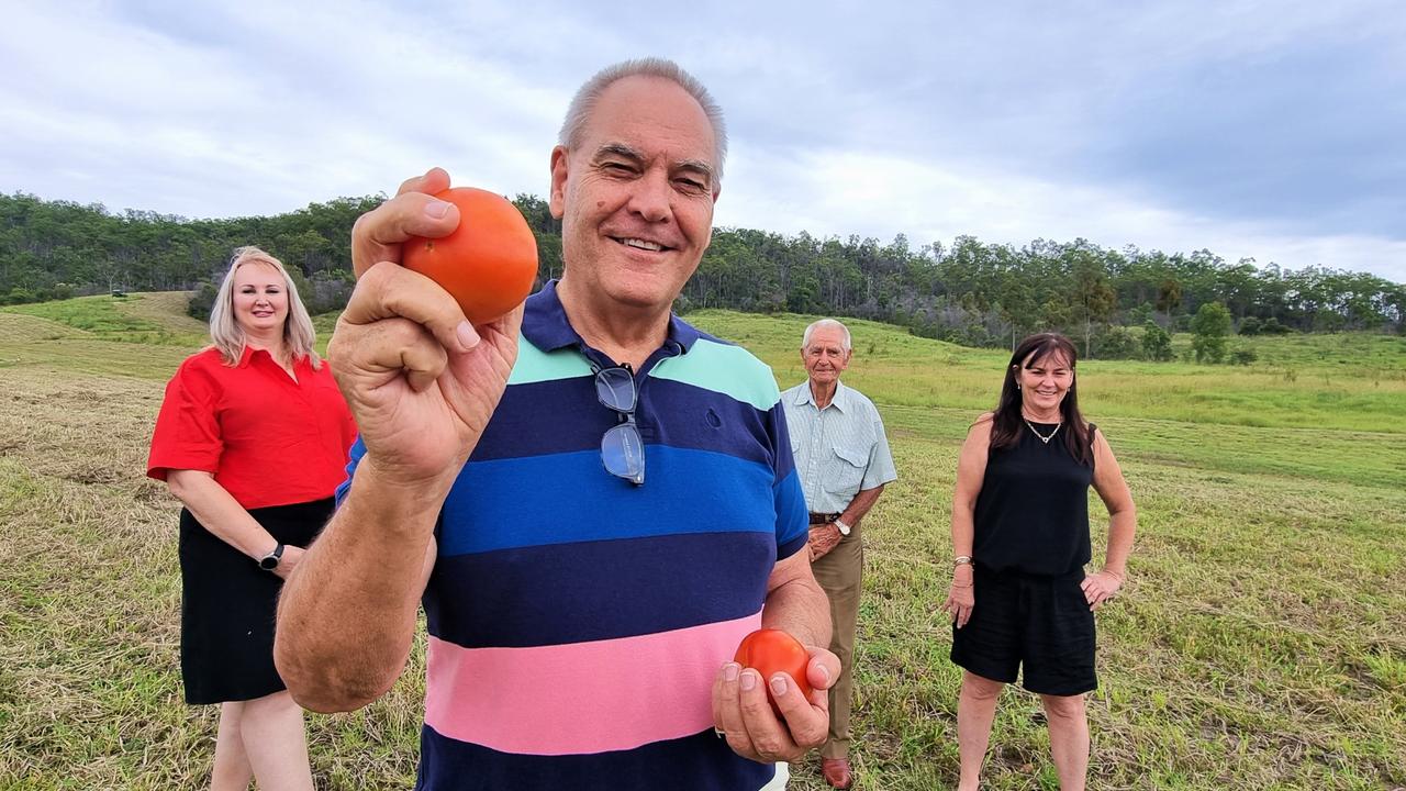 AUSTRALIA FIRST: Standing on the site of an upcoming $80m fresh produce processing facility at Withcott are (from left) Lockyer Fruit and Vegetable Ltd Cooperative managing director Cheryl Bromage, Lockyer Valley Fruit and Vegetable Food Processing Company CEO Colin Dorber, retired farmer and company investor Ivan Peters and co-operative director Marie King.