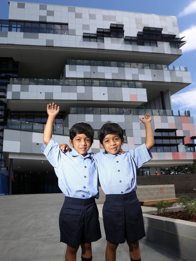 Twins Eshaan and Vivaan at South Melbourne Primary School in Southbank. Picture: Hamish Blair