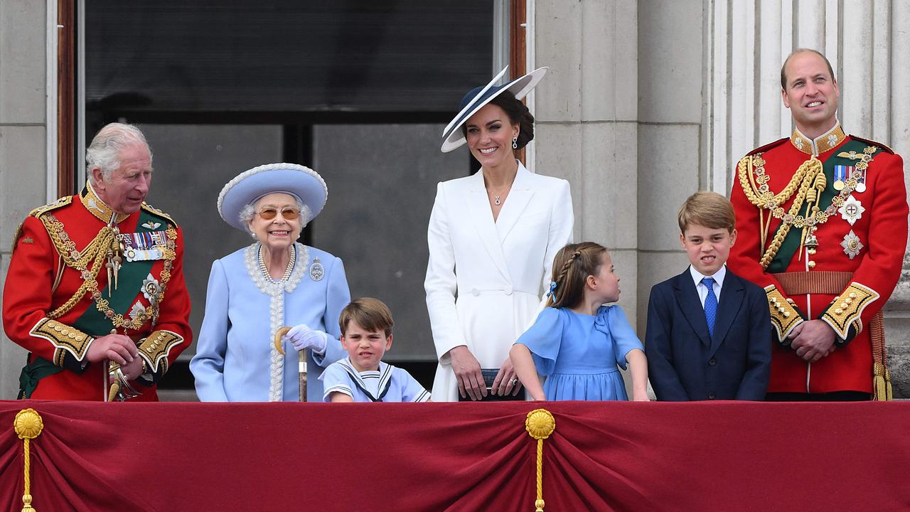 The Queen appeared on the balcony of Buckingham Palace with Prince Charles, Prince William, Kate Middleton, Prince George, Princess Charlotte and Prince Louis. Picture: AFP