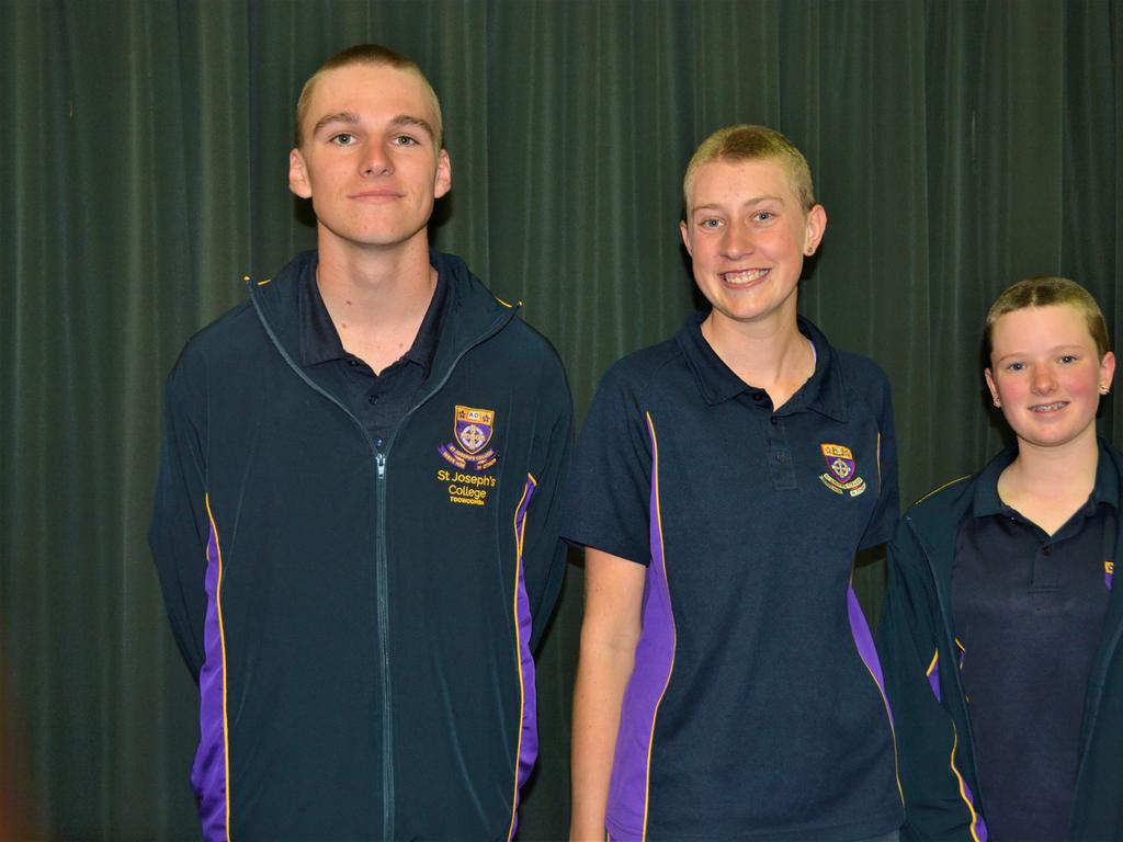 At the St Joseph's College 2023 World's Greatest Shave event are (from left) Charlie Kruger, Emily Chandler and Meghan Ellis. Picture: Rhylea Millar