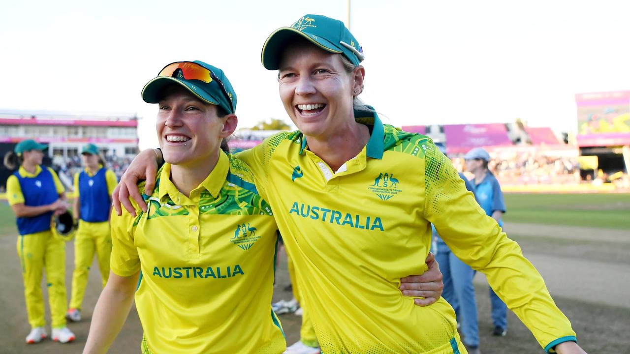 Megan Schutt and Meg Lanning celebrate Australia’s gold medal win at the Commonwealth Games in Birmingham last week.