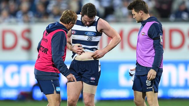 Patrick Dangerfield shows the doctor where his hip hurts. Picture: Getty Images