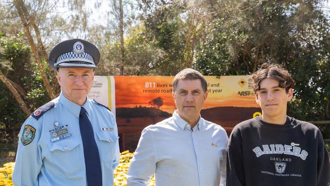 NSW Police Assistant Commissioner David Driver, CEO of the Australian Road Safety Foundation Russell White and Jarwin Rooney at the Rural Road Safety Month launch at Coffs Harbour.