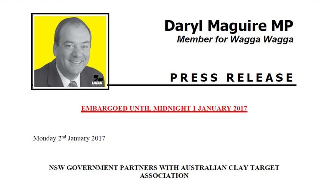 The press release announcing the gun club funding that Mr Maguire's office sent to reporters on New Year's Day, 2017.