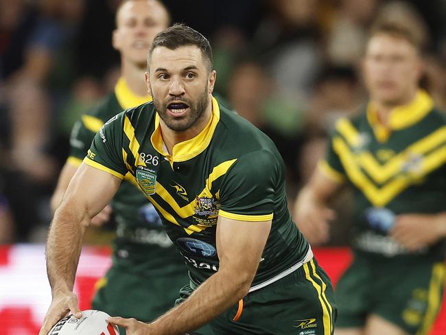 MELBOURNE, AUSTRALIA - OCTOBER 28: James Tedesco of Australia passes the ball during the Men's pacific Championship match between Australia Kangaroos and New Zealand Kiwis at AAMI Park on October 28, 2023 in Melbourne, Australia. (Photo by Daniel Pockett/Getty Images)