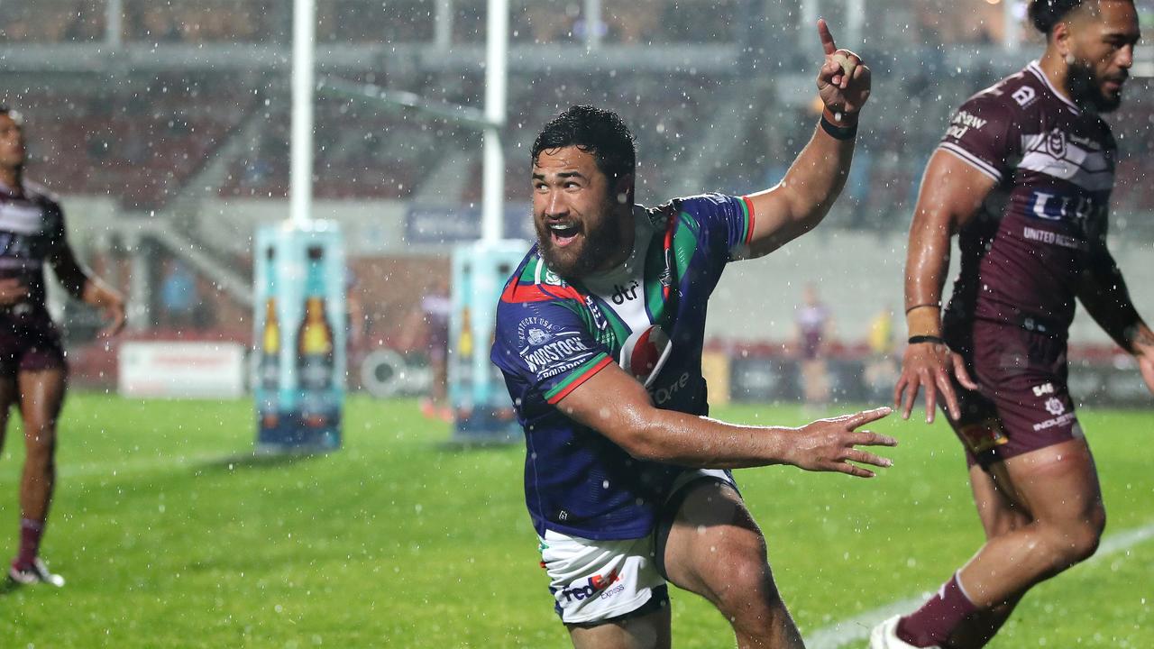 Peta Hiku of the Warriors celebrates after scoring a try