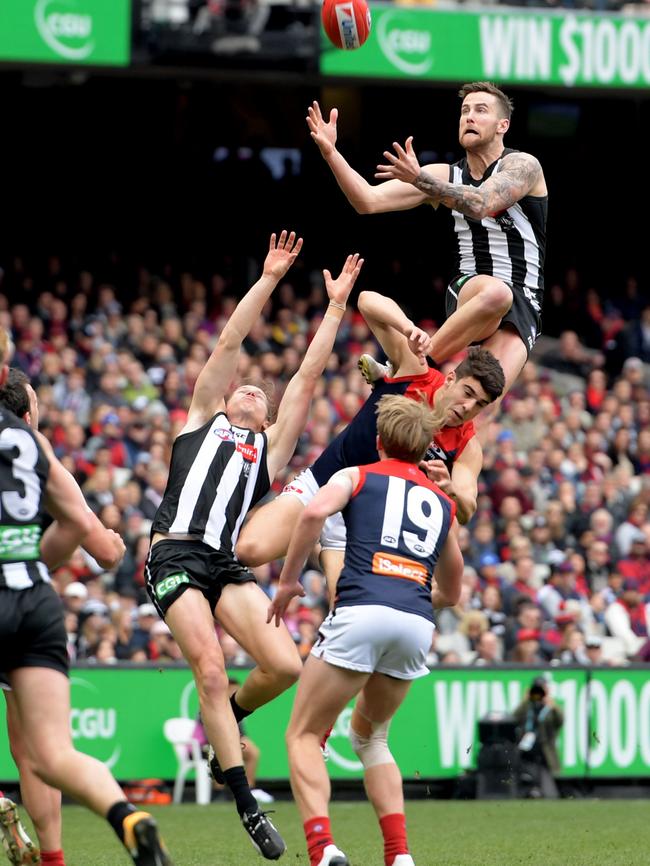 Jeremy Howe soars for a huge mark against Melbourne last year. Picture: AAP Image/Tracey Nearmy