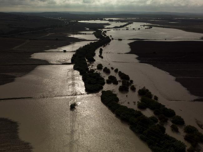 An aerial picture shows a field flooded in Arcos de la Frontera, near Cadiz after heavy rains hit southern Spain. Picture: AFP