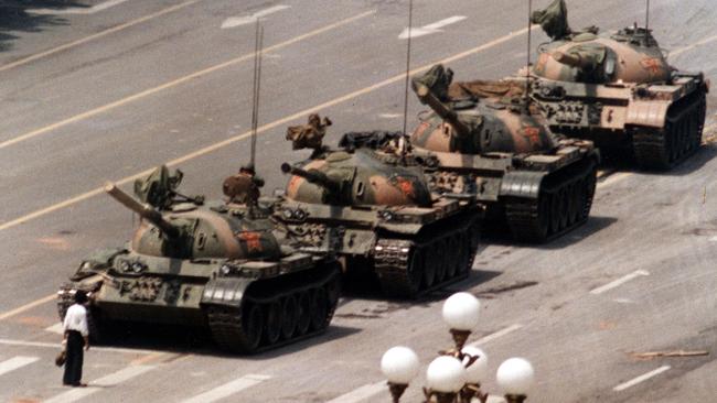 The infamous photo of a Chinese protester blocking tanks in Tiananmen Square in 1989.