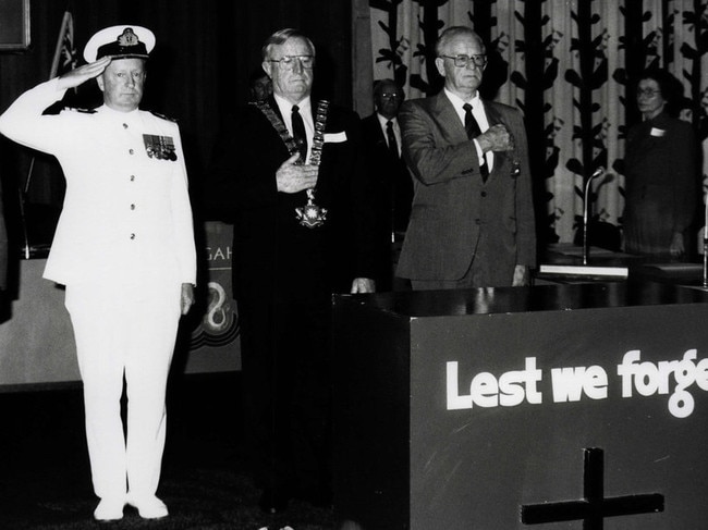 Brian Green (centre) at an Anzac Day Ceremony, Warringah Shire Council chambers, in 1992. Picture: Northern Beaches Council Library.