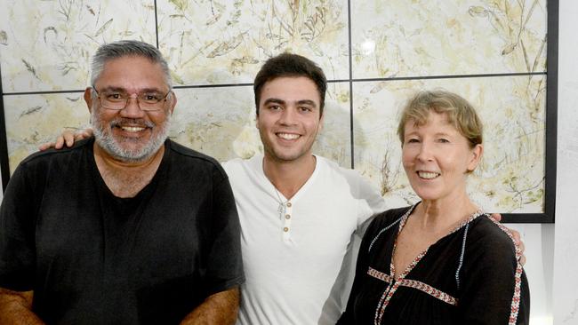 Norm Graham, Nathan Galluzzo and Professor Penny Allen (of UTS) at the exhibition at the Byron Lighthouse Cottage. Picture: Liana Boss