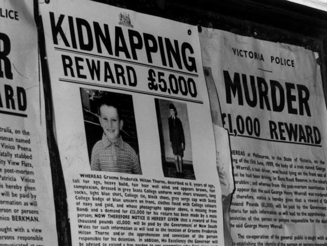 1960: A poster at Central Police Station in Sydney announces the reward for help in solving the shocking kidnap of eight-year-old Graeme Thorne. A ransom was demanded for the youngster, whose parents had made headlines after winning the Opera House lottery, but his body was found at Seaforth a few weeks later. File picture