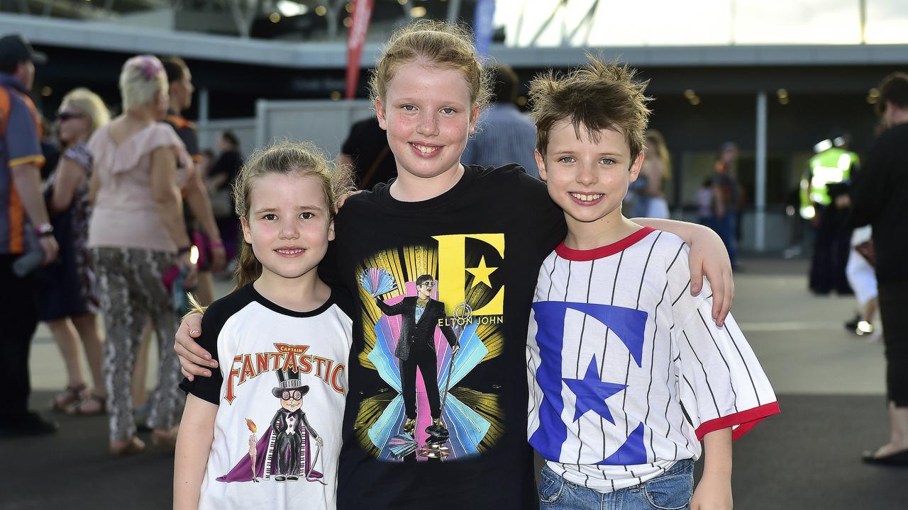 Bronte, 6, Paige, 10, Bohdi Goacher, 9. Elton John performed at Queensland Country Bank Stadium, Townsville on 29 February 2020. PICTURE: MATT TAYLOR.