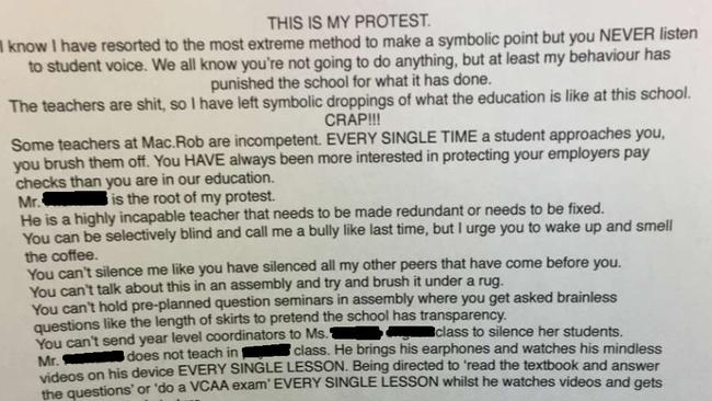 The first half of the note where a student admits defecating on school grounds. Picture: news.com.au