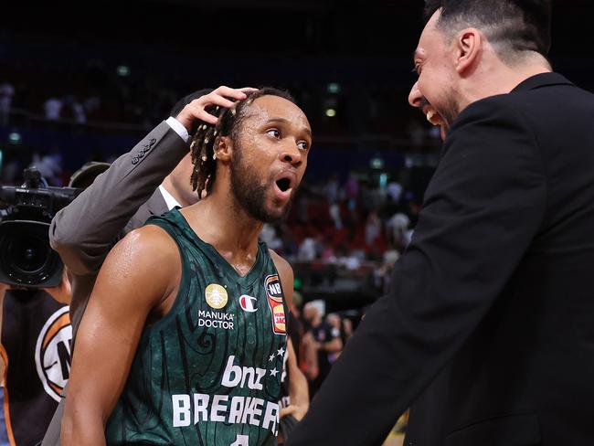 Parker Jackson-Cartwright celebrates with Breakers head coach Mody Maor after winning their Play-In Qualifier. Picture: Mark Metcalfe/Getty Images.