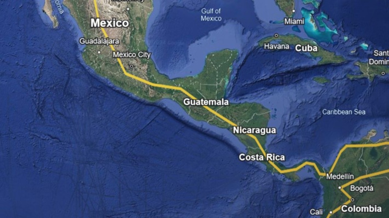 Ryan Magee's planned route for his Tuk Tuk journey through Central America. Photo: Google Maps