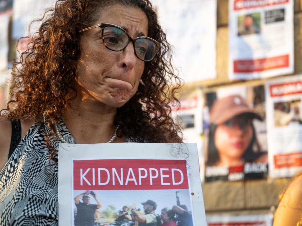 Einav Moshebarda, the niece of Adina, who was kidnapped and is seen in a video being taken, reacts after telling her family's story. Picture: Getty