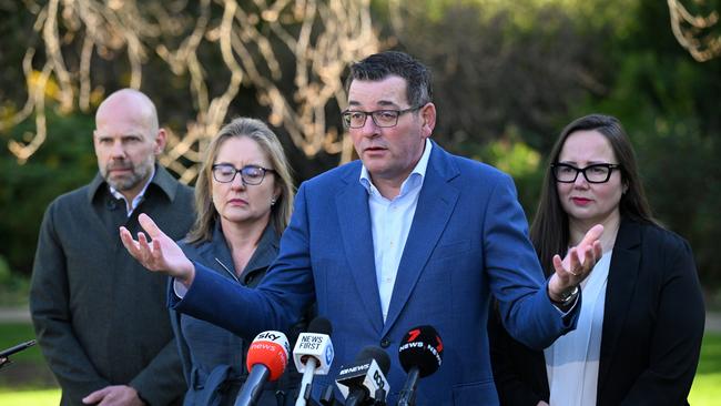 (L-R) Chief Executive Officer of the Victoria 2026 Commonwealth Games Organising Committee, Jeroen Weimar, Victorian Deputy Premier Jacinta Allan, Victorian Premier Daniel Andrews andVictorian Minister for Regional Development Harriet Shing during a press conference at Parliament House in Melbourne, Tuesday, July 18, 2023. The Andrews Labor Government has cancelled the 2026 Commonwealth Games, slated to be held across Victoria. (AAP Image/James Ross) NO ARCHIVING