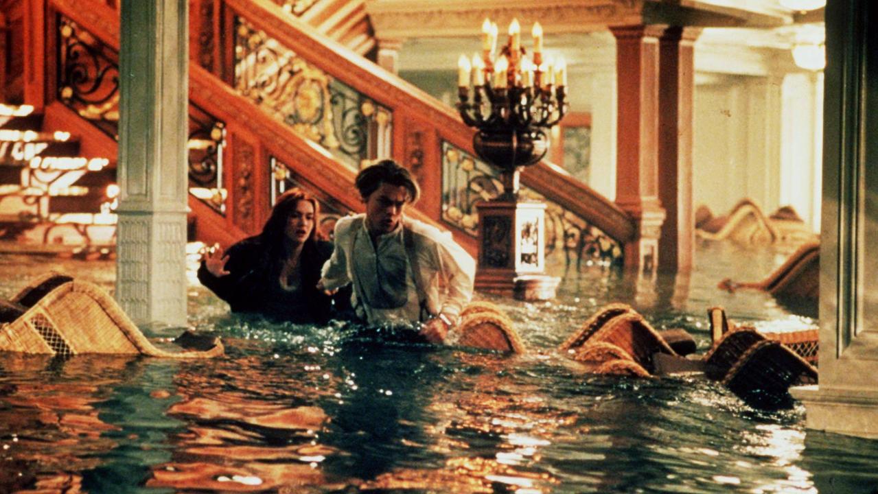 Kate Winslet and Leonardo DiCaprio during one of the water scenes. Picture: Supplied