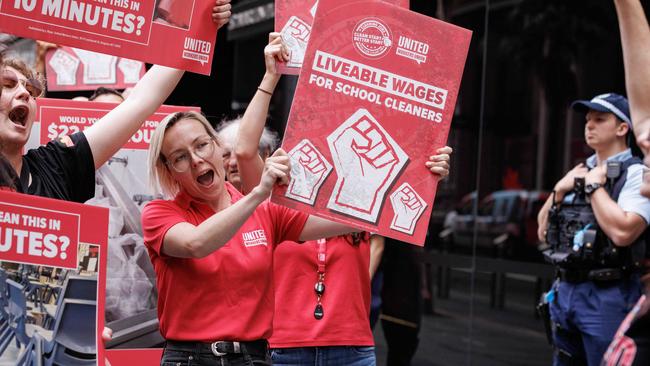 School cleaners and the United Workers Union protesting outside then-premier Dominic Perrottet’s office ahead of the 2023 NSW election. Picture: NCA NewsWire