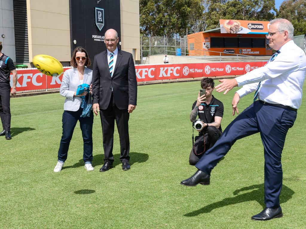 Scott Morrison show off his footy skills. Picture: Brenton Edwards