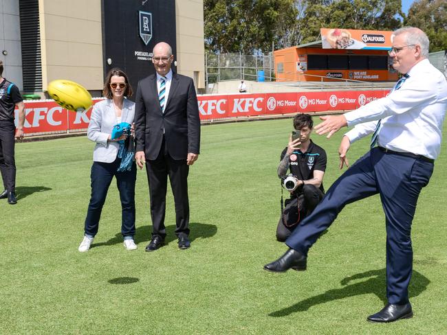 Scott Morrison show off his footy skills. Picture: Brenton Edwards