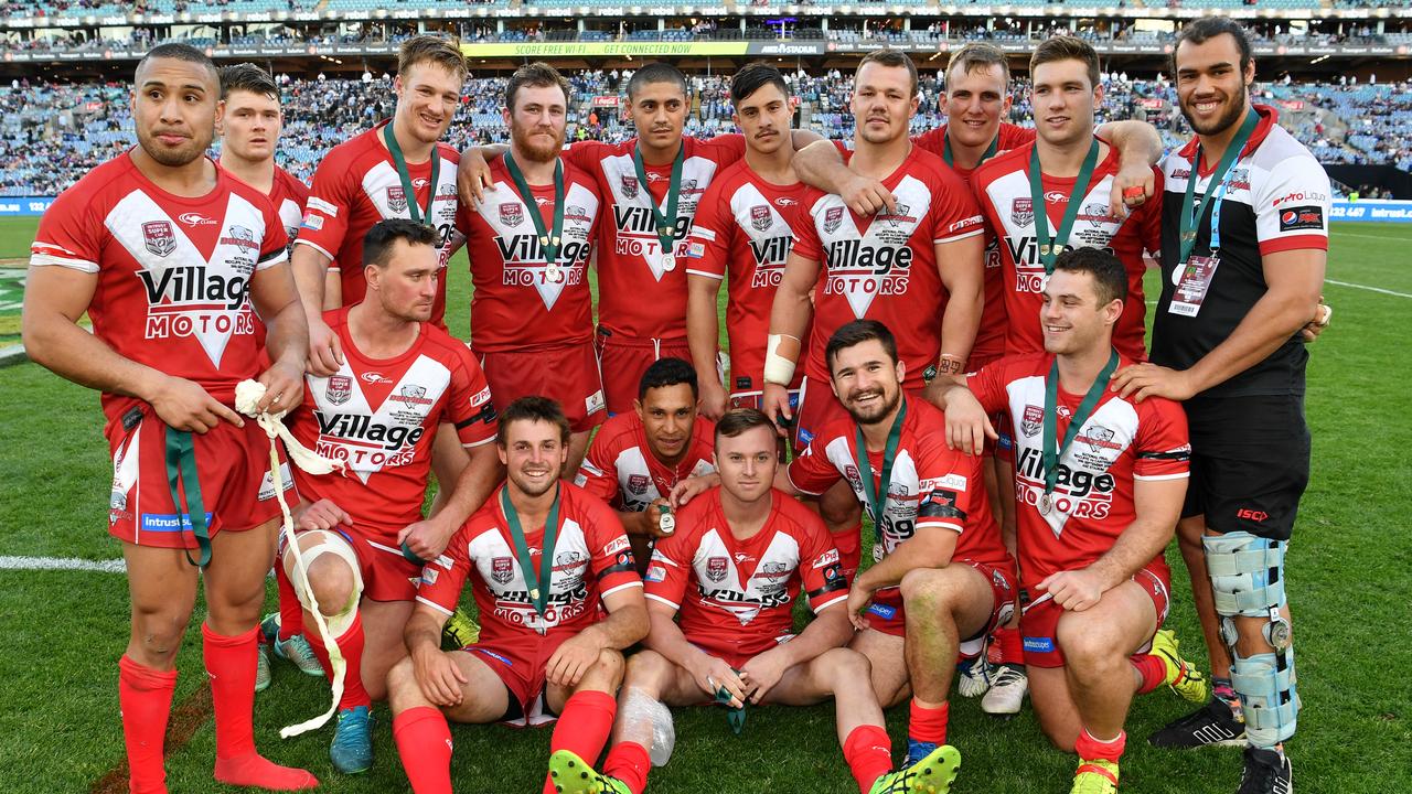 The Redcliffe Dolphins wore their red jumper with white V in the 2018 Intrust Super Premiership decider against Canterbury. Picture: NRL Imagery