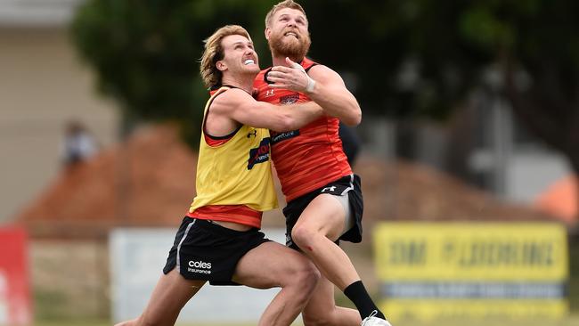 Michael Hurley and James Stewart go toe-to-toe at an Essendon training session. Picture: Matt Roberts/Getty Images