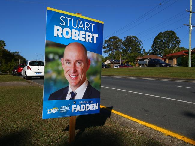 Federal election signage in the seat of Fadden which Stuart Robert is the current sitting member Photo: David Clark