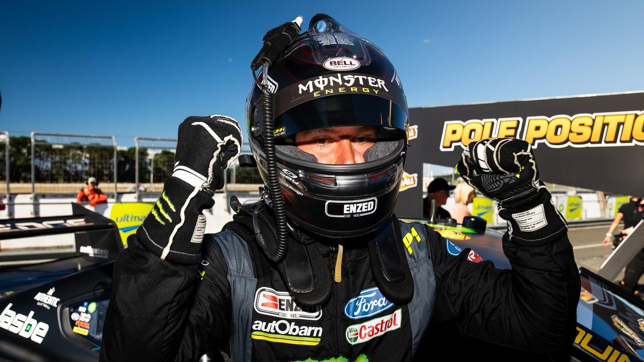 Cameron Waters celebrates grabbing pole in his Monster Energy Racing Ford Mustang. Picture: Getty Images