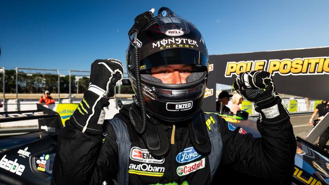 Cameron Waters celebrates grabbing pole in his Monster Energy Racing Ford Mustang. Picture: Getty Images