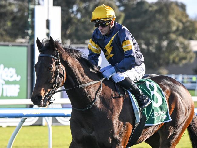 Luke Currie returns to the mounting yard on Arkansaw Kid after winning the Evergreen Turf Regal Roller Stakes at Caulfield Racecourse on August 17, 2024 in Caulfield, Australia. (Photo by Reg Ryan/Racing Photos via Getty Images)