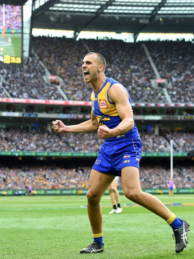 Dom Sheed celebrates kicking a goal in final two minutes, putting West Coast in front. Picture: Nicole Garmston