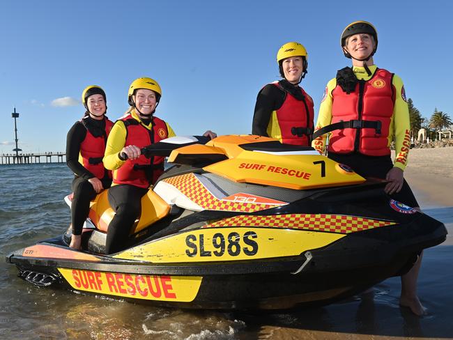 9/12/21. SLSSA is more than doubling our Emergency Operations Group Jet Ski team with our first- all female crew. The 12 new members have begun their launching/ retrieval training & intensive theory required to operate the RWC'S. ItÃ&#149;s a move to help increase equality within Emergency Services, off the back of SLSSAÃS patrolling membership already being 50% female. Members of the new all-female jet ski crew - Hayley Hosking (Seacliff SLSC), Katrina Meehan (Brighton SLSC), Hannah Darling (Grange SLSC) and Lee Dalzell (Seacliff SLSC).Picture: Keryn Stevens