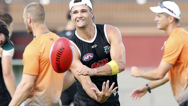 Ryan Burton in action at Port Adelaide training. Picture: Sarah Reed