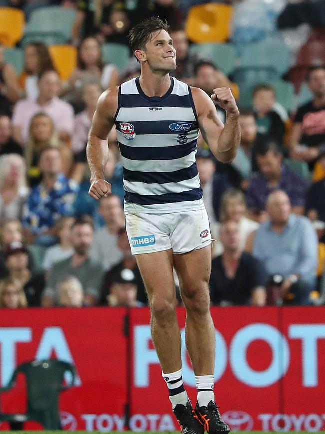 Tom Hawkins celebrates his goal in the grand final. Picture: Peter Wallis