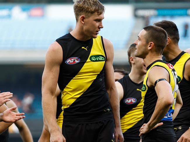 MELBOURNE, AUSTRALIA - MARCH 31: Tom Lynch of the Tigers (left) and Jayden Short of the Tigers chat afte the 2024 AFL Round 03 match between the Richmond Tigers and the Sydney Swans at the Melbourne Cricket Ground on March 31, 2024 in Melbourne, Australia. (Photo by Michael Willson/AFL Photos via Getty Images)