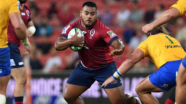 Taniela Tupou of the Reds (centre) in action during the Round 4 Super Rugby match between the Queensland Reds and the Bulls at Suncorp Stadium in Brisbane, Saturday, March 10, 2018. (AAP Image/Dan Peled) NO ARCHIVING, EDITORIAL USE ONLY