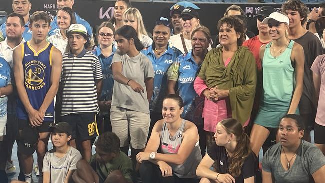 Ash Barty and Evonne Goolagong joined talented young Indigenous tennis players to launch First Nations Day at the Australian Open on Wednesday. Picture: Ed Bourke