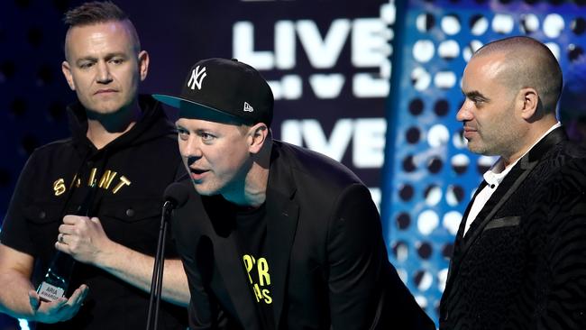 Hilltop Hoods accept the ARIA for Best Live Act. Picture: AAP