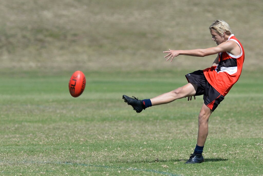 Ky Kirtley of Our Lady of the Southern Cross College against Downlands College in AFL Queensland Schools Cup Darling Downs round at Captain Cook ovals, Friday, April 27, 2018. Picture: Kevin Farmer