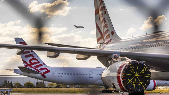 Virgin Australia wide-body aircraft are seen grounded at the Brisbane Airport. Picture: Glenn Hunt