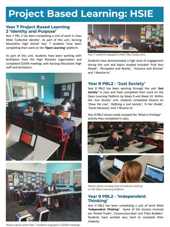 School newsletter at Kariong Mountains High School about the lessons from High Resolves, including the privilege lesson for Year 8 students and unconscious bias for the Year 9 students.