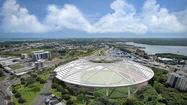 An artist’s impression showing one of two designs for the proposed AFL stadium for the Darwin CBD. Picture: Supplied