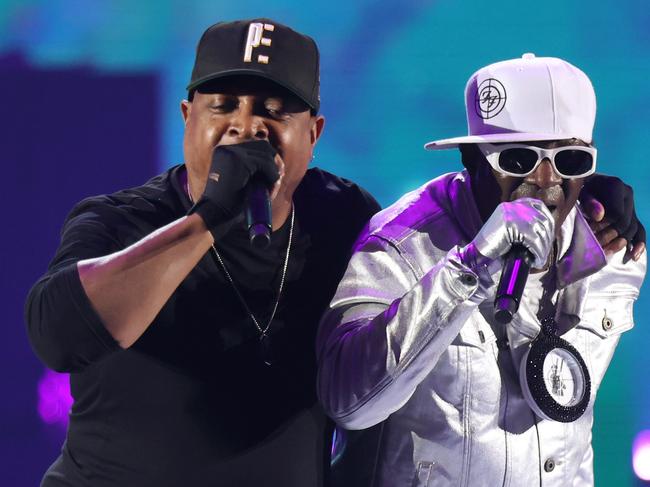 LAS VEGAS, NEVADA - SEPTEMBER 23: (L-R) Chuck D and Flavor Flav of Public Enemy perform onstage during the 2023 iHeartRadio Music Festival at T-Mobile Arena on September 23, 2023 in Las Vegas, Nevada. (Photo by Rich Polk/Getty Images for iHeartRadio)