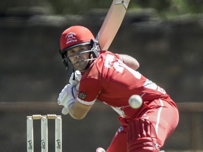 Sorrento batsman Liam O'Connor on the drive. The Sharks beat Peninsula Old Boys on Saturday to grab top spot in MPCA Provincial. Picture: Valeriu Campan