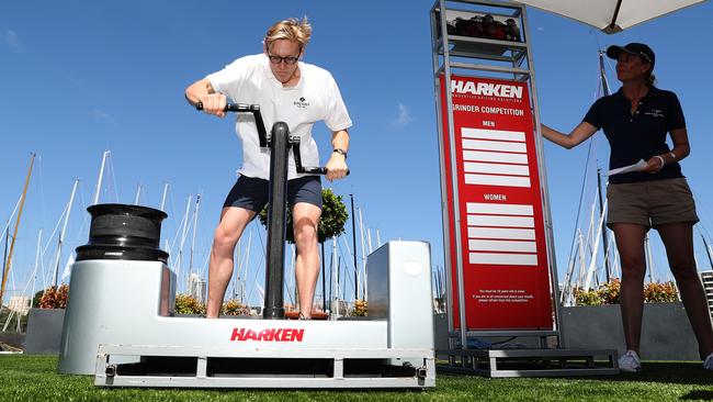 Horton tries the Rolex Sydney Hobart Grinder Challenge. Picture: Brett Costello.